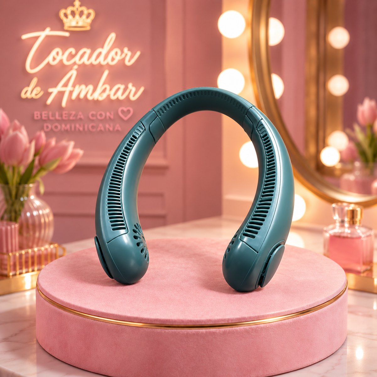 Brisa Ámbar — Mini ventilador portátil de cuello color verde